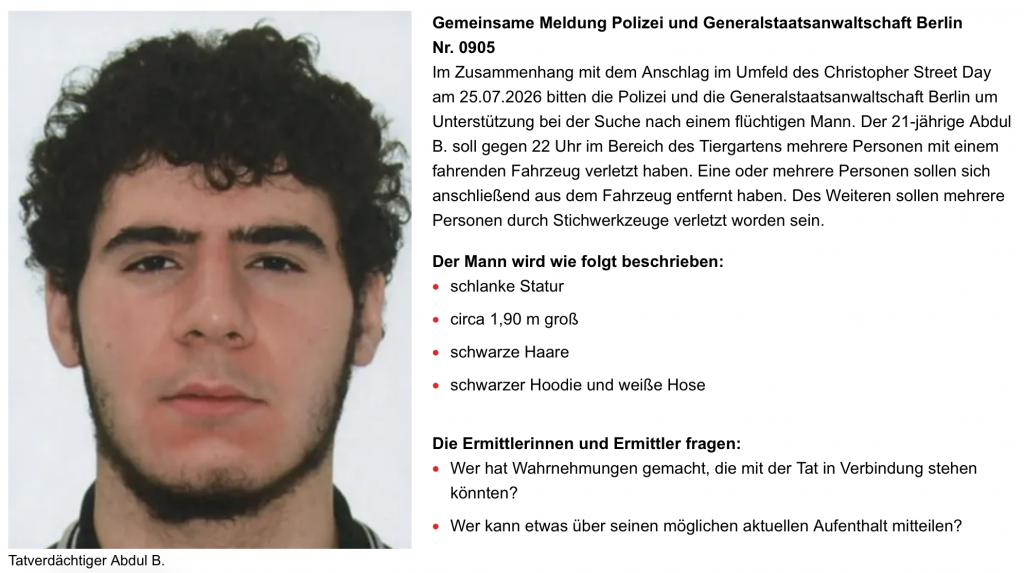 Screenshot-2026-07-26-alle-10.50.50-1024x573 Attentato al Pride di Berlino: un morto e 16 feriti dopo un furgone sulla folla, caccia al presunto responsabile
